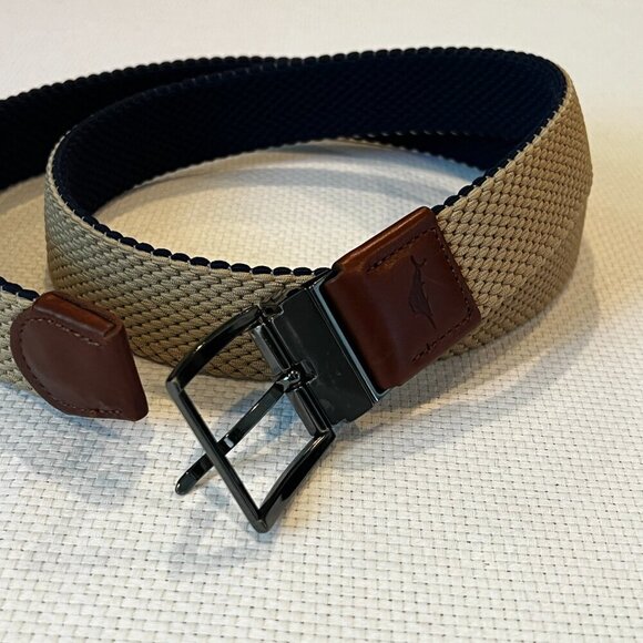 Tommy Bahama Belt Mens L/XL Beige Navy Reversible Canvas Stretch Width 1-3/8" - Picture 4 of 5